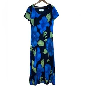 Vintage Jessica Howard Black Green Blue Petunia Floral P 8 (see measurements)